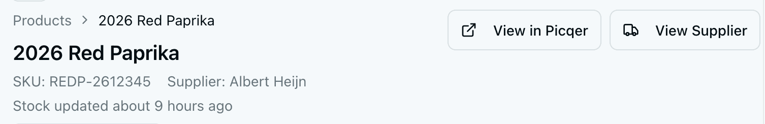 Product detail showing View in Picqer button and Voorcast analytics