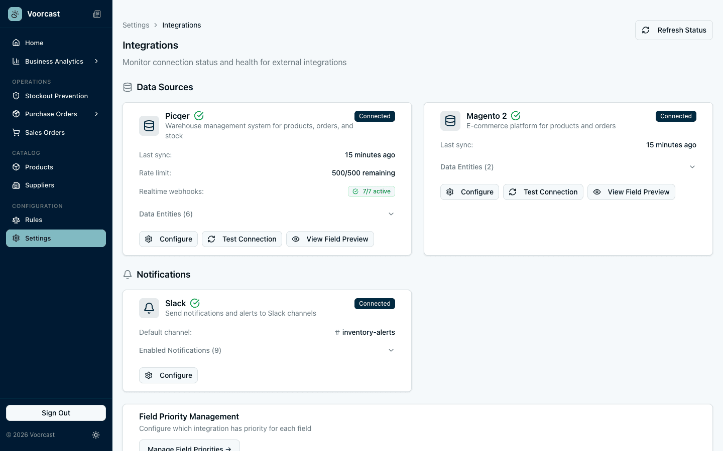 Slack integration overview showing connected workspace